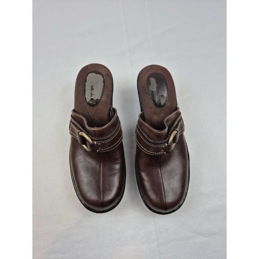 Clarks Brown Leather Mule‎ Clogs Women's 8M Slip On Buckle Comfort Shoes